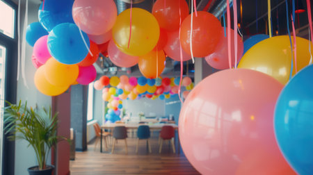 Brightly colored balloons hang from the ceiling of an office, creating a festive atmosphere for a corporate event.の素材