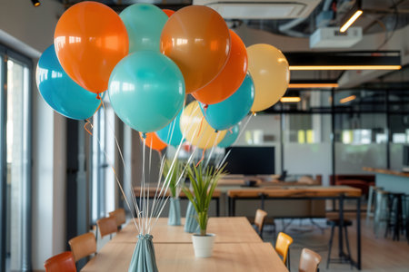 A cluster of balloons in corporate colors decorates a table in an office setting.の素材