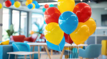 A group of brightly colored balloons, in corporate colors, decorates an office event space.の素材