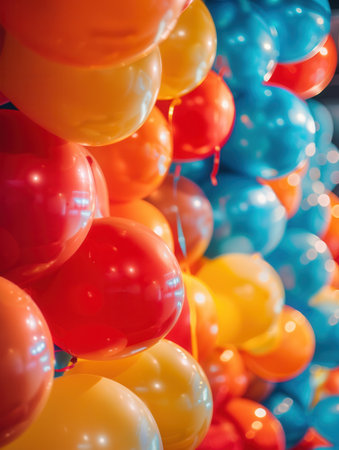 A close-up of balloons in red, yellow, and blue colors, decorating an office event.の素材
