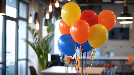 A bunch of brightly colored balloons decorate an office event.の素材