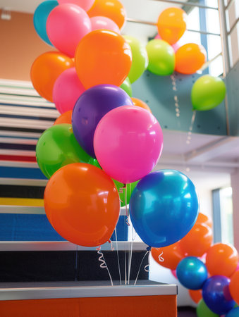 A cluster of vibrant balloons in corporate colors decorates an office event. The balloons are arranged in a cascading fashion, adding a festive touch to the workspace.の素材