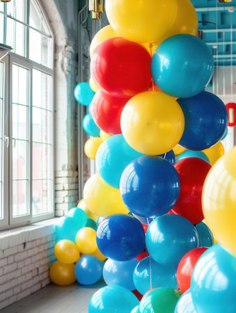 A cluster of vibrant yellow, red, and blue balloons adorns an office space for a celebratory corporate event.の素材