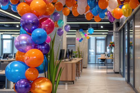 A modern office is decorated with colorful balloons for a corporate event.の素材