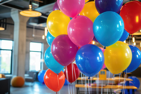 Balloons in corporate colors decorate an office event space.の素材