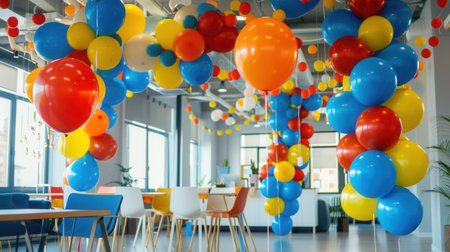 A modern office space decorated with colorful balloons for a celebratory event.の素材