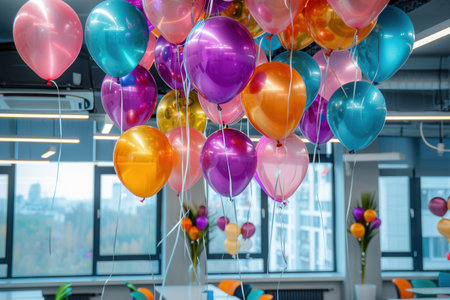 A group of colorful balloons hangs from the ceiling in a modern office, celebrating a company event.の素材