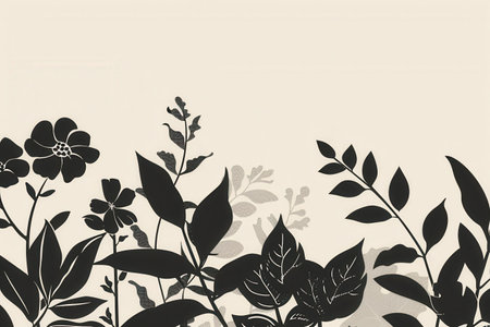 A simple, modern illustration of black silhouettes of leaves and flowers on a cream background.の素材