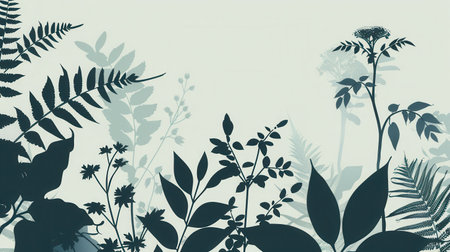 A minimalist botanical illustration featuring a collection of leafy silhouettes on a light, neutral background.の素材