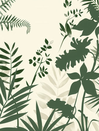 A minimalist background with silhouettes of various leaves and flowers on a cream background.の素材