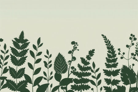A digital illustration featuring silhouettes of various leaves and flowers on a solid, light background.の素材