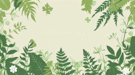 A modern and eco-friendly design featuring green foliage and floral silhouettes on a light background.の素材