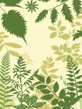 A modern pattern of green leaf silhouettes on a light yellow background. Perfect for eco-design, green stores, and sustainability themes.の素材