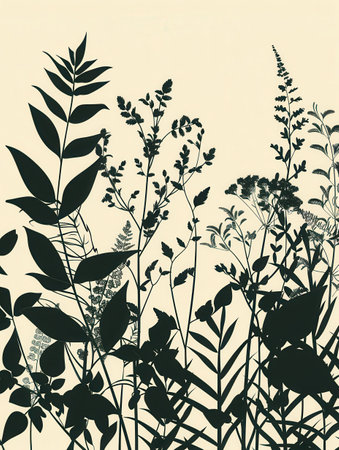Black silhouettes of leaves and flowers on a creamy background.の素材