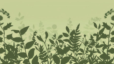 A modern design featuring silhouettes of leaves and flowers on a solid light green background. Perfect for eco-design and green stores.の素材