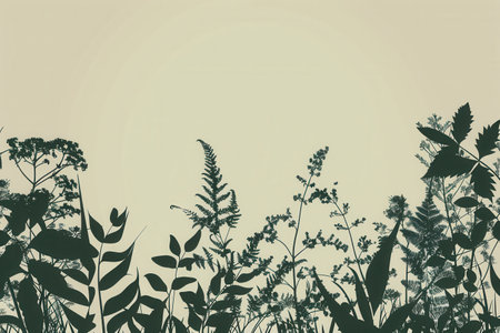 A modern and eco-friendly background with silhouettes of various leaves and flowers on a solid background.の素材