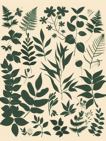 A modern and minimalist design featuring silhouettes of various leaves and flowers, perfect for eco-friendly branding and design projects.の素材