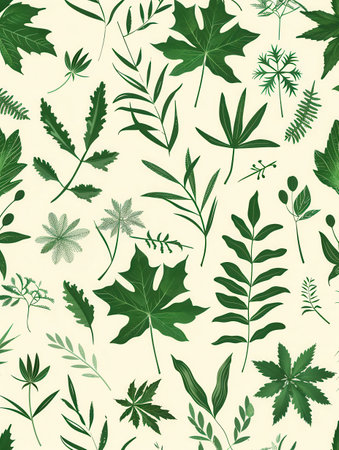 A seamless pattern featuring green leaf silhouettes on a cream background. Ideal for eco-design projects.の素材