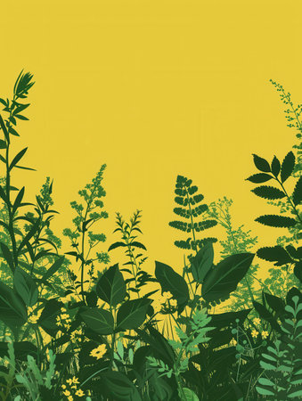 A modern and eco-friendly image featuring silhouettes of various leaves and flowers on a solid yellow background.の素材