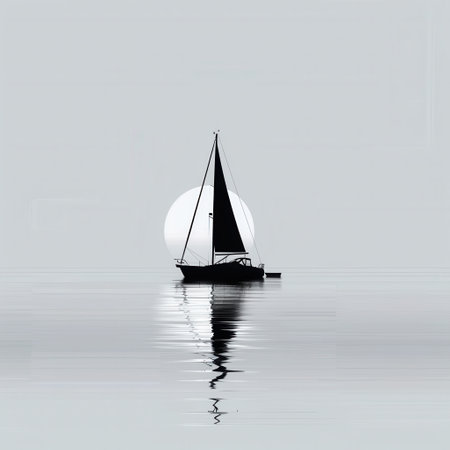 A minimalist image of a sailboat silhouette against a muted sunset, reflecting on calm waters. Ideal for showcasing luxury sea travel and yachting.の素材