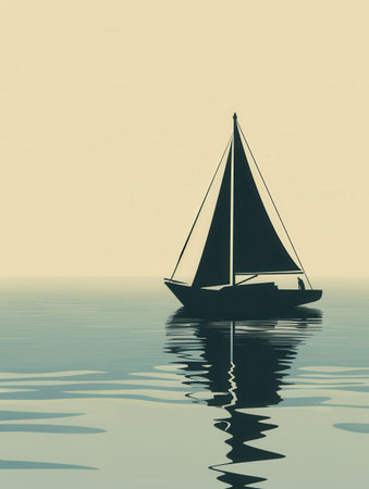 A minimalistic silhouette of a sailboat on the ocean water at sunset, with a gentle ripple effect. Perfect for travel and yachting companies.の素材