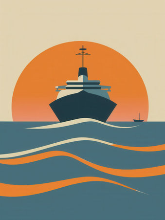 A minimalist and elegant image featuring a sailboat silhouette against a sunset on the ocean.の素材