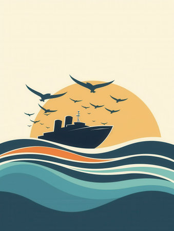 A Minimalist and Elegant Silhouette of a Sailboat on the Ocean with a Sunset in the Background.の素材