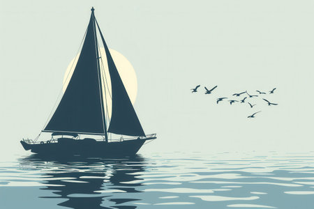 A minimalist silhouette of a sailboat sailing on calm water at sunset.の素材