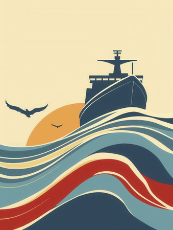 A minimalist and elegant image of a sailboat sailing on the water at sunset.の素材