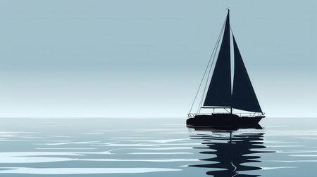 A minimalist silhouette of a sailboat on calm ocean water at dawn.の素材