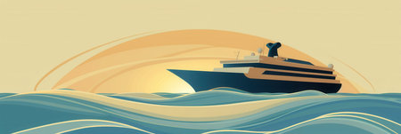 Minimalist illustration of a sailboat silhouette on the water at sunset.の素材