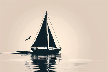 A minimal and elegant image of a sailboat silhouette on calm water with the setting sun in the background.の素材