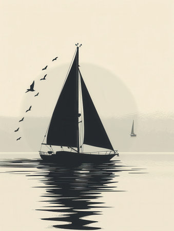 A minimalist and elegant illustration of a sailboat silhouetted against a sunset sky, reflecting on the calm waters below.の素材