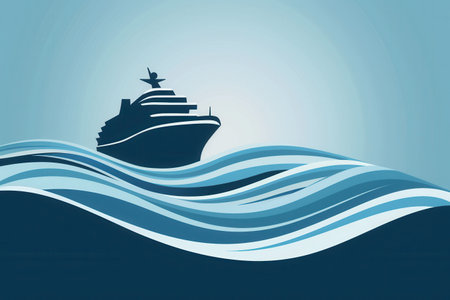 A simple, elegant design featuring a silhouette of a sailboat on blue water waves. Perfect for companies offering sea travel and yachting.の素材