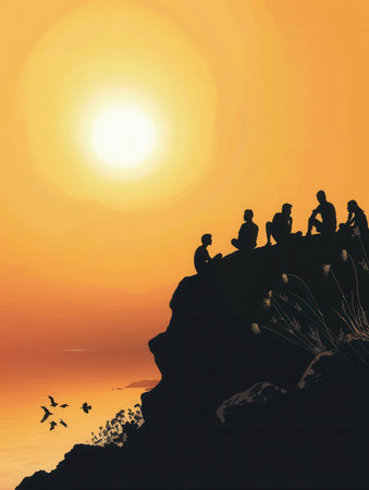 A group of friends enjoys a peaceful sunset together on a hilltop, creating a serene and hopeful atmosphere.の素材