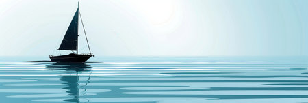 A minimalist illustration of a sailboat silhouette against a serene sunset backdrop, perfectly capturing the tranquility of a sea voyage.の素材
