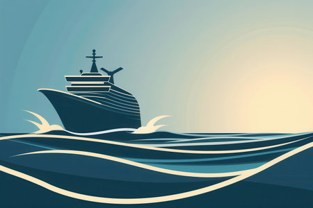 Minimalist illustration of a silhouette of a yacht sailing on calm waters at sunset.の素材