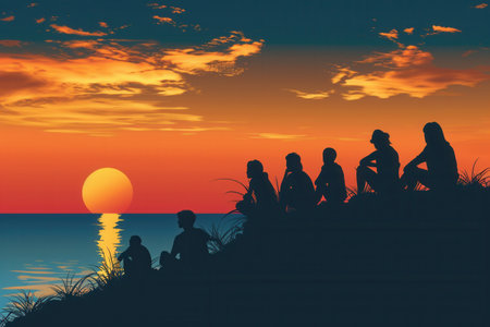 A scenic image of people silhouetted against a vibrant sunset, enjoying the peaceful moment together.の素材