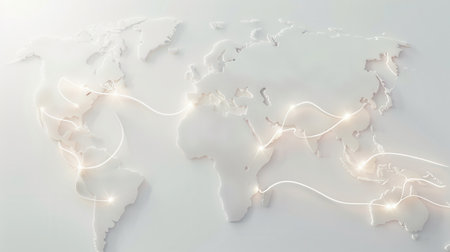 A simple, white world map with glowing lines connecting various locations, representing global travel routes. Ideal for travel agencies and booking services.の素材