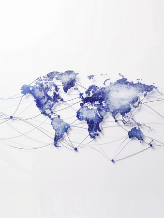 A simple and symbolic minimalist world map featuring highlighted routes, perfect for travel agencies and global booking services.の素材