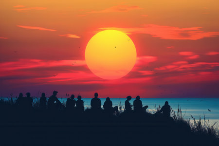 A group of friends sit together on a grassy hill overlooking the ocean, enjoying a beautiful sunset with a large, vibrant sun in the sky.の素材