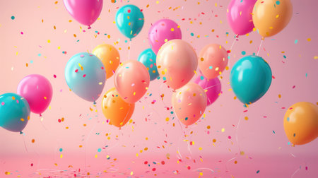 A vibrant image featuring colorful balloons and confetti floating in the air, ideal for businesses seeking festive decorations for parties or events.の素材