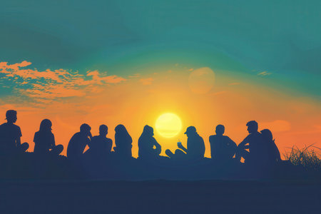 A serene sunset scene with silhouettes of people sitting on a hill, enjoying the warmth of the golden hour.の素材
