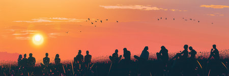 Silhouettes of people enjoying the sunset on a hilltop, creating a peaceful and heartwarming scene.の素材