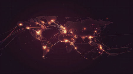 A simple and symbolic design featuring a world map with highlighted routes, perfect for travel agencies and global booking services.の素材