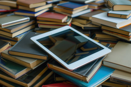 A white tablet computer rests on a stack of various books, symbolizing the shift towards digital learning and online education.の素材