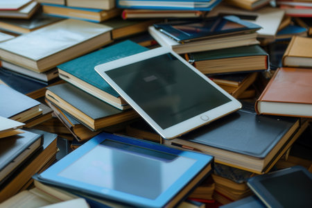 A close-up image showing various tablets and e-readers stacked on top of traditional books, highlighting the merging of modern digital learning with traditional methods.の素材