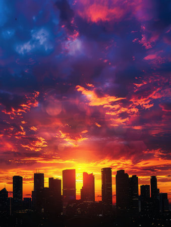 A breathtaking cityscape at sunset, featuring towering skyscrapers silhouetted against a dramatic sky filled with vibrant hues of orange, red, and purple.の素材