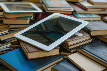 A close-up image of a tablet and e-reader resting on a pile of books, representing the evolution of reading and learning.の素材