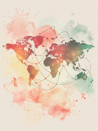 A minimalist watercolor illustration depicting a world map with highlighted routes, representing travel and global connections.の素材